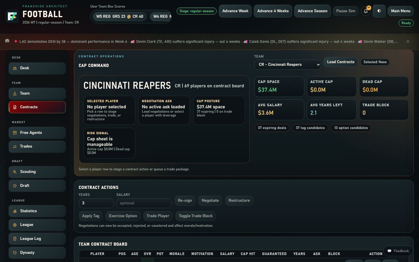 The Contracts screen: cap space, expiring deals and franchise-tag candidates